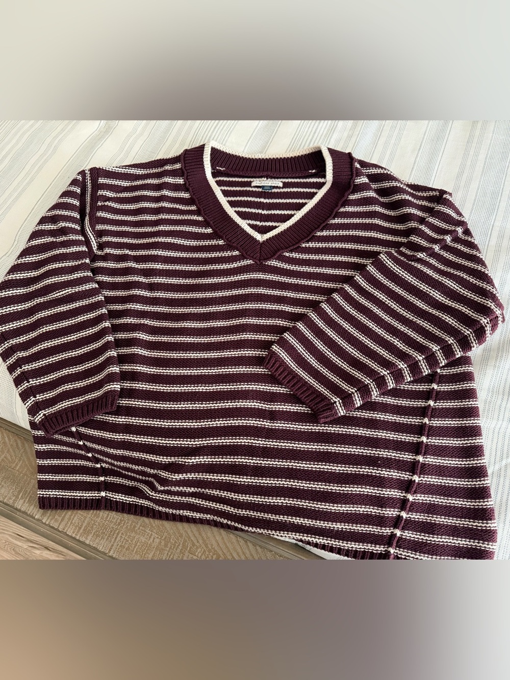 American Eagle Outfitters V-Neck Striped Sweater in Burgundy and Cream